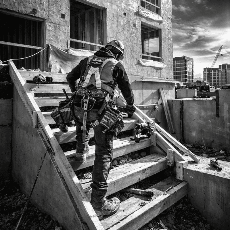 Professional carpenter installing wooden framing on staircase structure at construction site