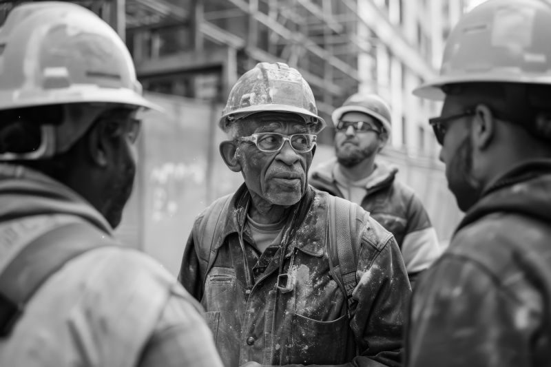 Construction workers discussing project at job site – Victory Group Co construction team Calgary